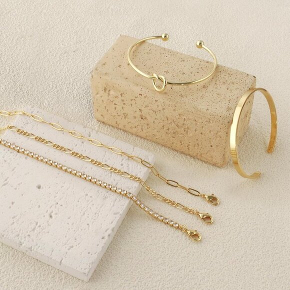 14K Real Gold-D Plated Bangle Cuff Non Tarnish Trendy Stack Bracelets for Women - Picture 5 of 7